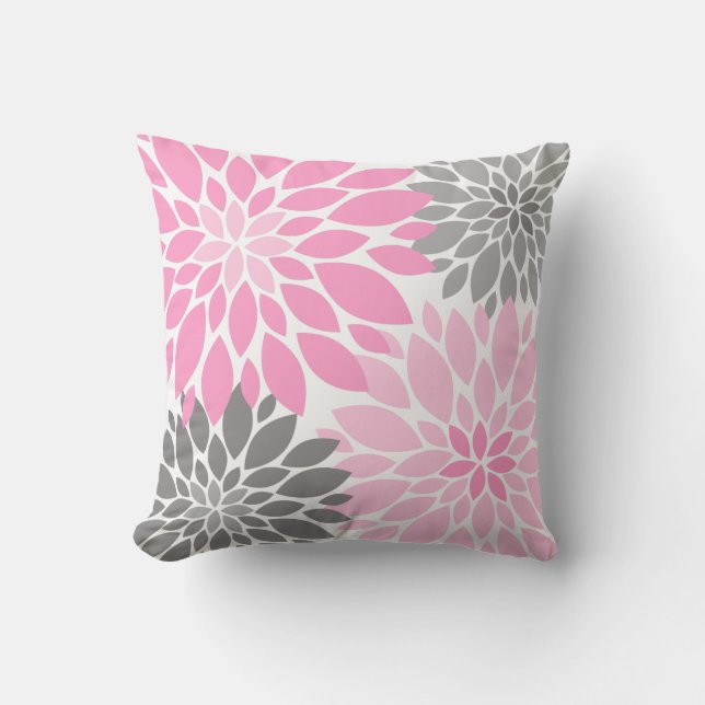 Pink and Gray Chrysanthemums Floral Pattern Throw Pillow (Front)