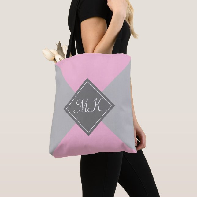 Pink and Gray Colorblock Tote Bag (Close Up)