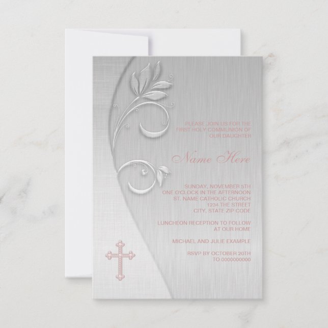 Pink and Gray Cross First Communion Invitation (Front)