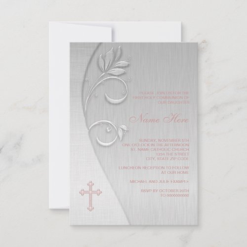 Pink and Gray Cross First Communion Invites