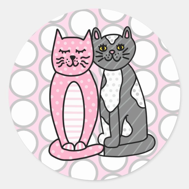 Pink and Gray Cuddly Cute Kitty Cats   Classic Round Sticker (Front)