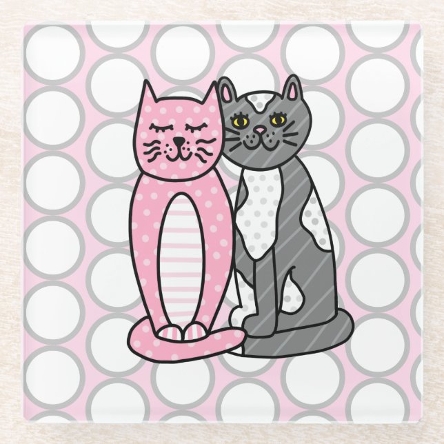 Pink and Gray Cuddly Cute Kitty Cats  Glass Coaster (Front)