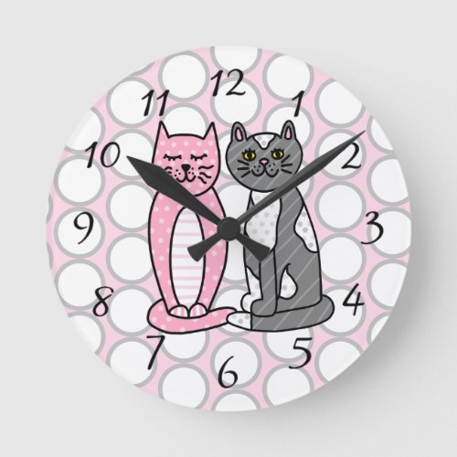 Pink and Gray Cuddly Cute Kitty Cats  Round Clock