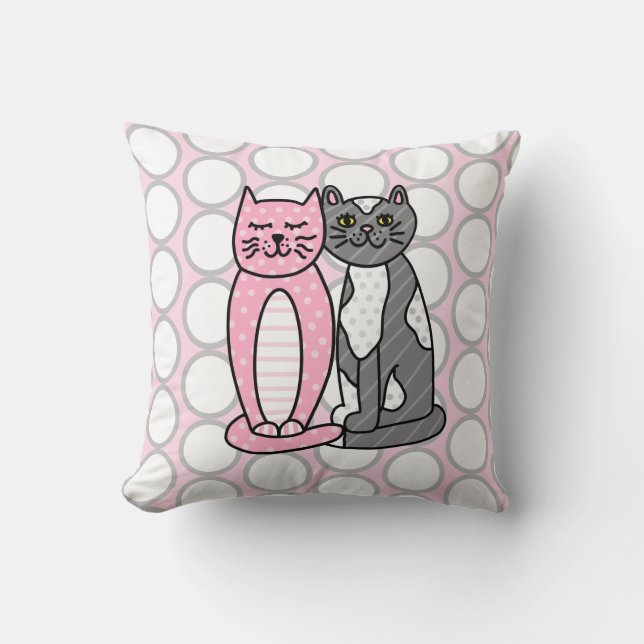 Pink and Gray Cuddly Cute Kitty Cats  Throw Pillow (Front)