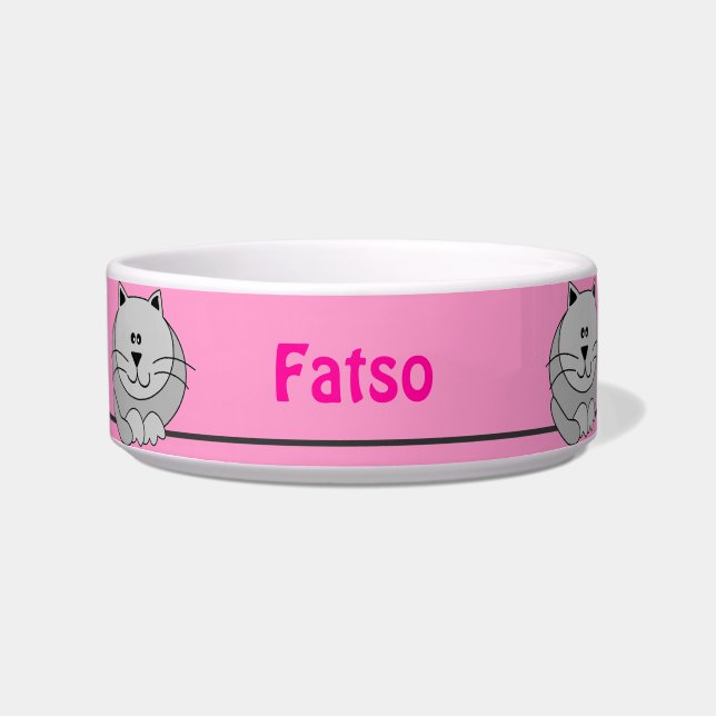 Pink and Gray Cute Fat Cat Personalized Pet Bowl (Front)