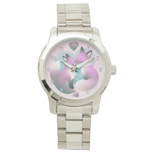 Pink And Gray Cute Foxes Kissing Valentine Watch