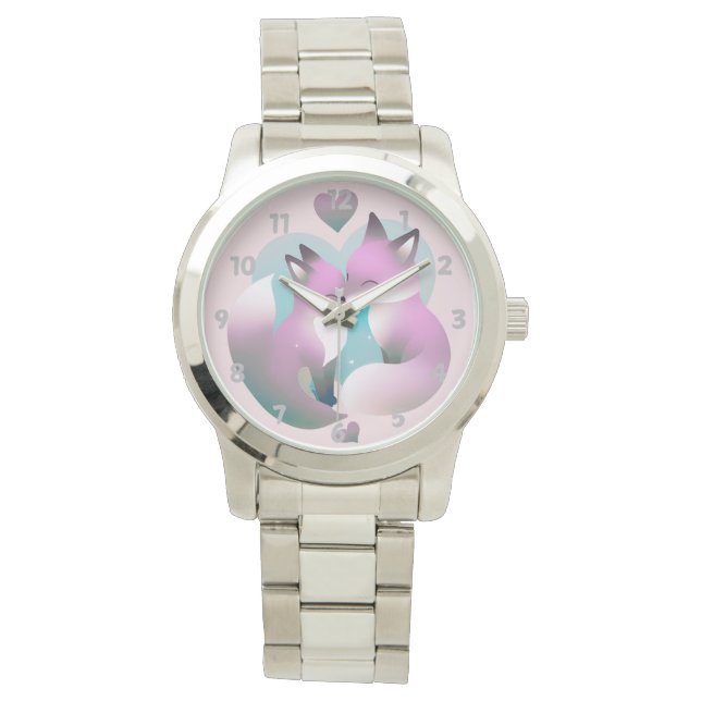 Pink And Gray Cute Foxes Kissing Valentine Watch (Front)