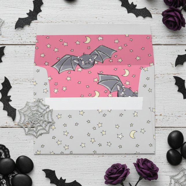 Pink and Gray Cute Girly Bats in Starry Night Envelope (Cute Spooky Bats, Stars & Moons Halloween Envelopes in Hot Pink for Kids. Girly Bat Pattern for Her.)