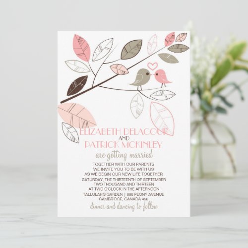 Cute Gray and Pink Lovebirds Wedding Invitation