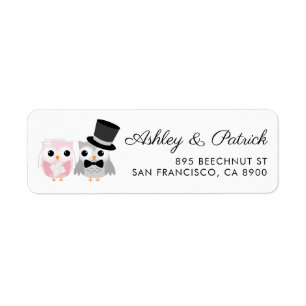 Pink and Gray   Cute Owl Bride and Groom Wedding Label