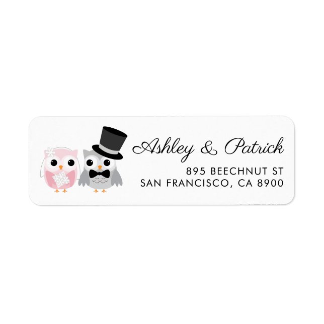 Pink and Gray | Cute Owl Bride and Groom Wedding Label (Front)