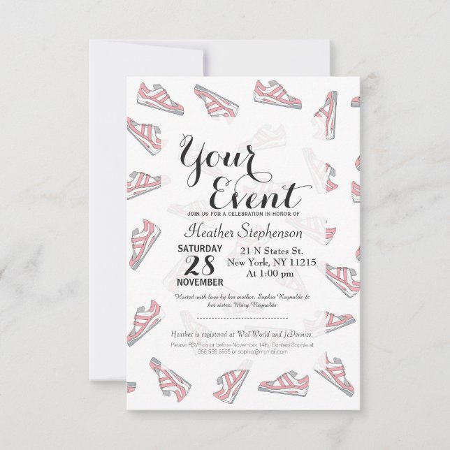 Pink and Gray Cute Sneakers Pattern Invitation (Front)