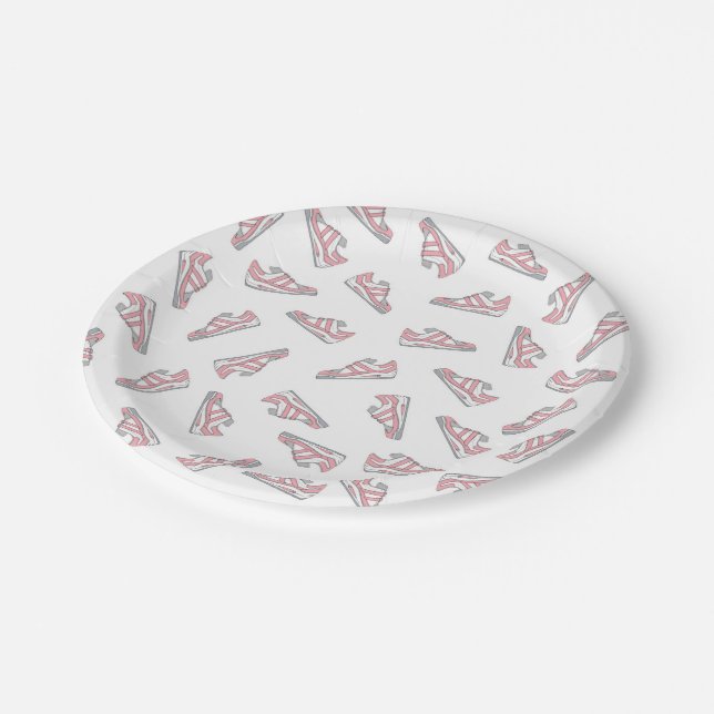 Pink and Gray Cute Sneakers Pattern Paper Plates (Angled)