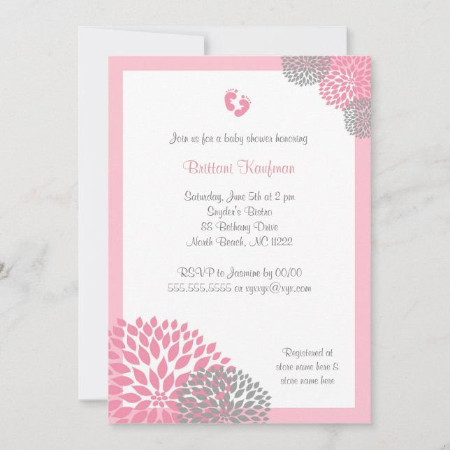 Pink and Gray Dahlia Baby Shower Invite with feet (Front)