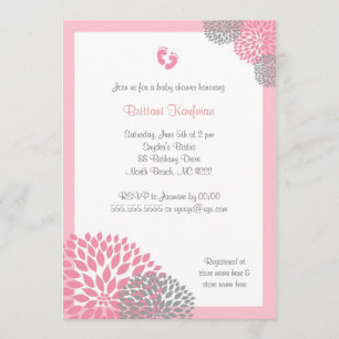 Pink and Gray Dahlia Baby Shower Invite with feet