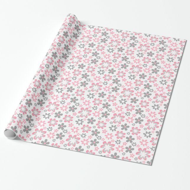 Pink and Gray Daisies Floral Craft Gift Wrap (Unrolled)