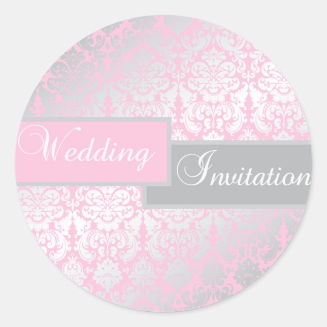 Pink and Gray Damask 1.5" Round Sticker (Front)