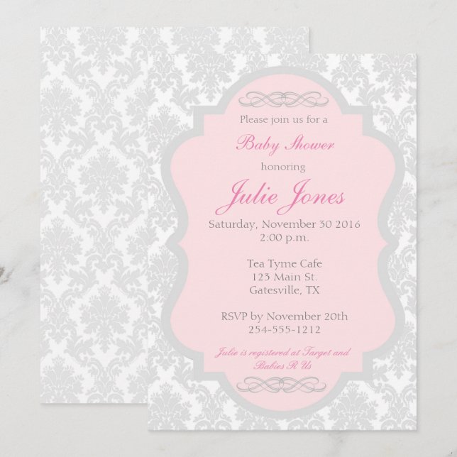 Pink and Gray Damask Baby Shower Invitation (Front/Back)