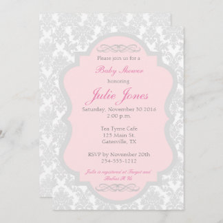 Pink and Gray Damask Baby Shower Invitation