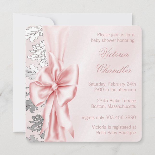 Pink and Gray Damask Baby Shower Invitation (Front)
