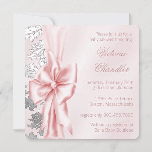 Pink and Gray Damask Baby Shower Invitation