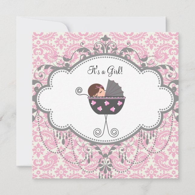Pink and Gray Damask Baby Shower Invitation (Front)