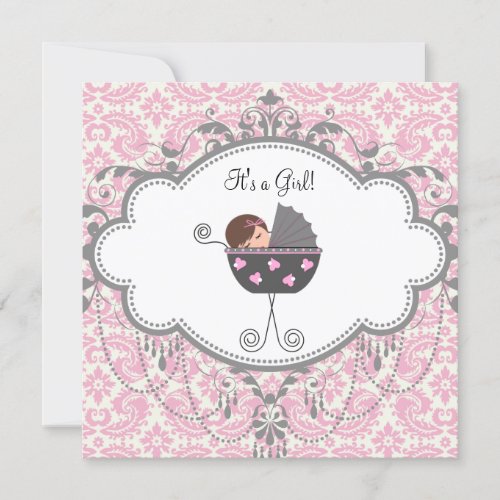 Pink and Gray Damask Baby Shower Invitation