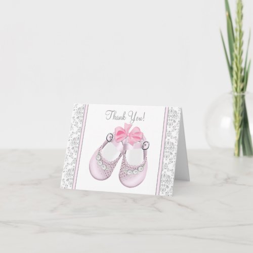 Pink and Gray Damask Baby Shower Thank You Cards