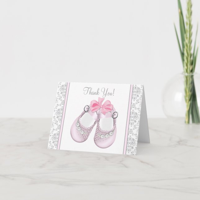 Pink and Gray Damask Baby Shower Thank You Cards (Front)