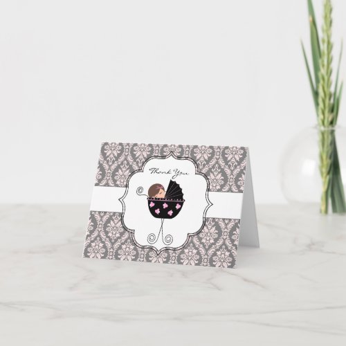 Pink and Gray Damask Baby Thank You Cards