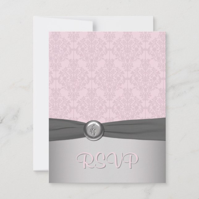 Pink and Gray Damask Ballerina RSVP Card (Front)