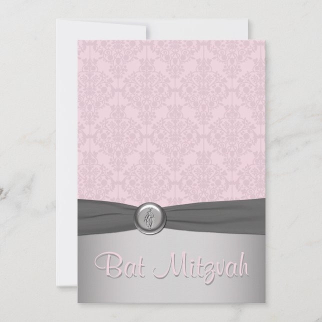 Pink and Gray Damask Ballet Bat Mitzvah Invitation (Front)