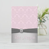 Pink and Gray Damask Ballet Bat Mitzvah Invitation (Standing Front)