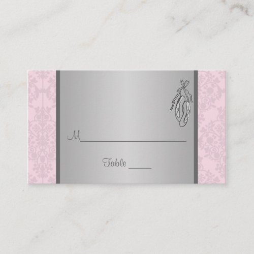Pink and Gray Damask, Ballet Slippers Place Card Business Card Template
