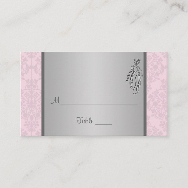 Pink and Gray Damask, Ballet Slippers Place Card (Front)