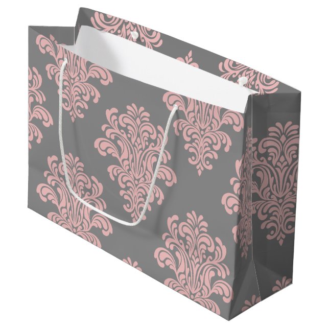 Pink and Gray Damask Pattern Large Gift Bag (Front Angled)