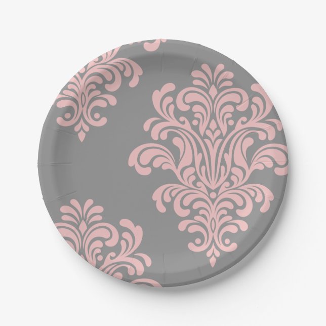 Pink and Gray Damask Pattern Paper Plates (Front)