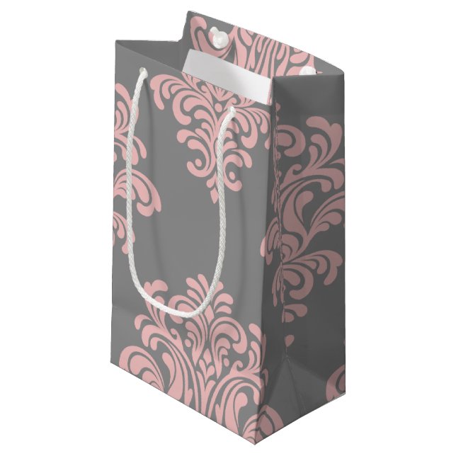 Pink and Gray Damask Pattern Small Gift Bag (Front Angled)