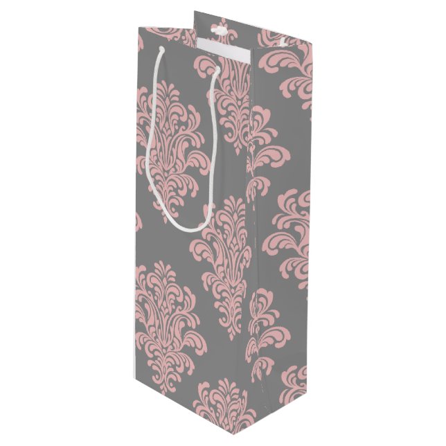 Pink and Gray Damask Pattern Wine Gift Bag (Front Angled)