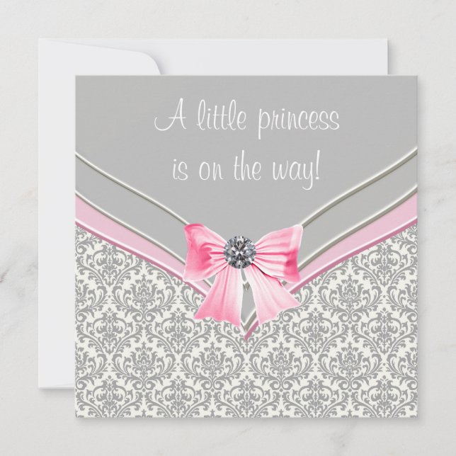 Pink and Gray Damask Pink Bow Princess Baby Shower Invitation (Front)