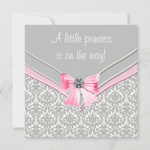 Pink and Gray Damask Pink Bow Princess Baby Shower Invitation