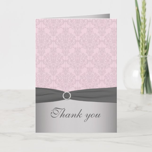 Pink and Gray Damask Thank You Card (Front)