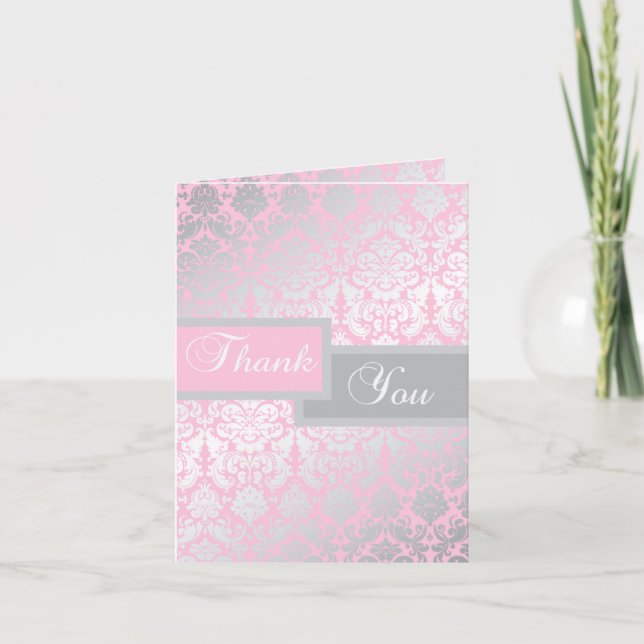 Pink and Gray Damask Thank You Card (Front)