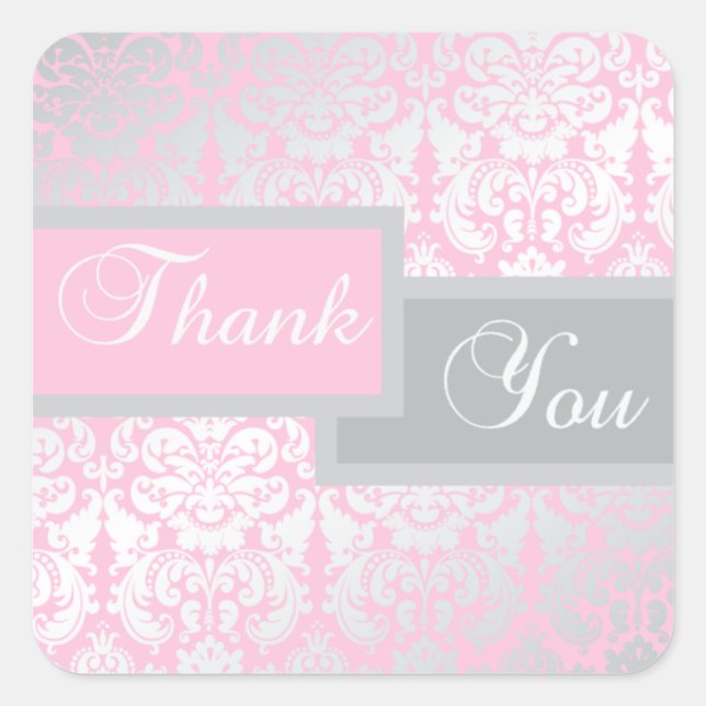 Pink and Gray Damask Thank You Sticker (Front)