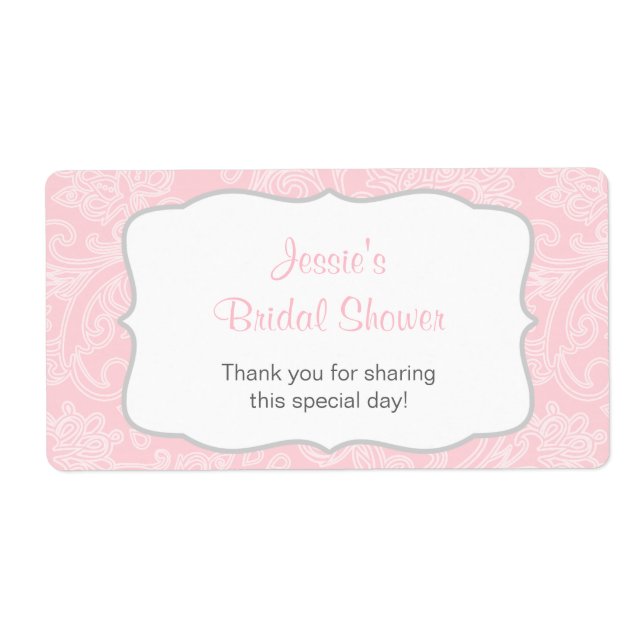Pink and Gray Damask Water Bottle Label (Front)