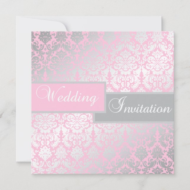 Pink and Gray Damask Wedding Invitation (Front)