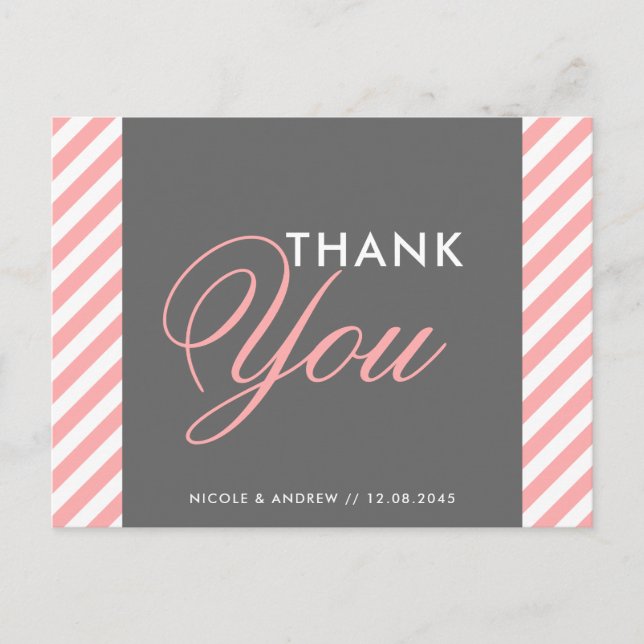 Pink and Gray Diagonal Stripes Thank You Post Card (Front)