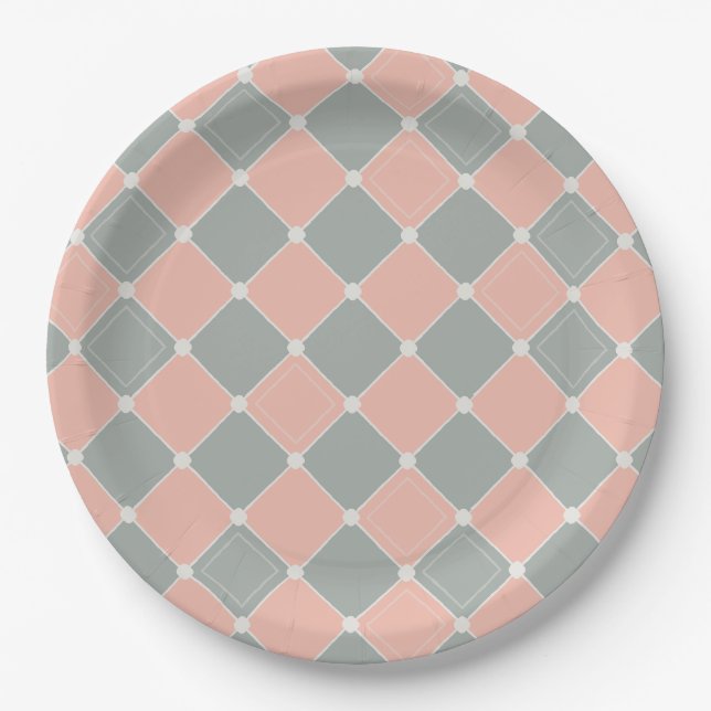 Pink and Gray Diamond Check Pattern Paper Plates (Front)