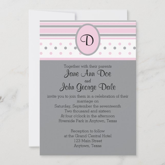 Pink and Gray Dots and Stripes Invitation (Front)