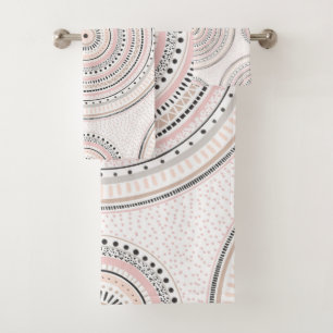 Pink and gray dots and strokes Doodles Mandala Bath Towel Set